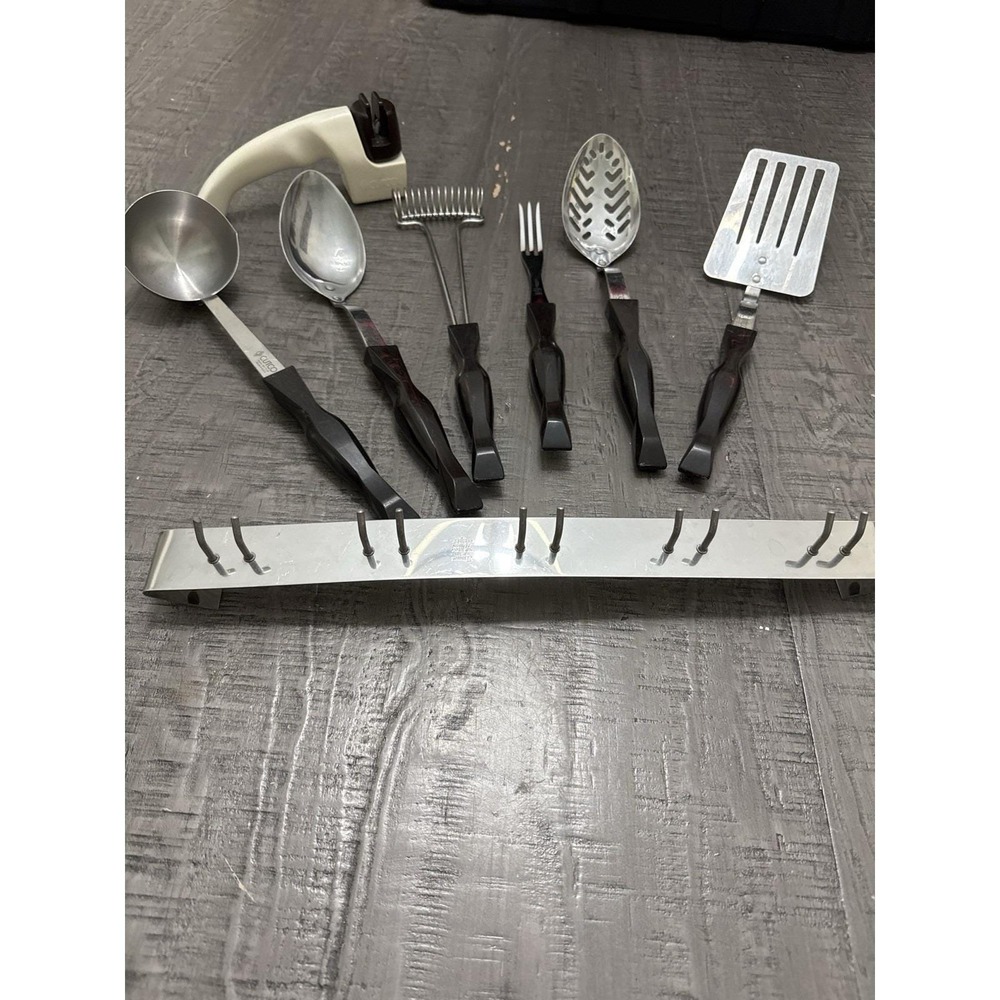 Vintage 1989 Cutco Utensil Set Rack Sharpener Black Brown Marble Handles